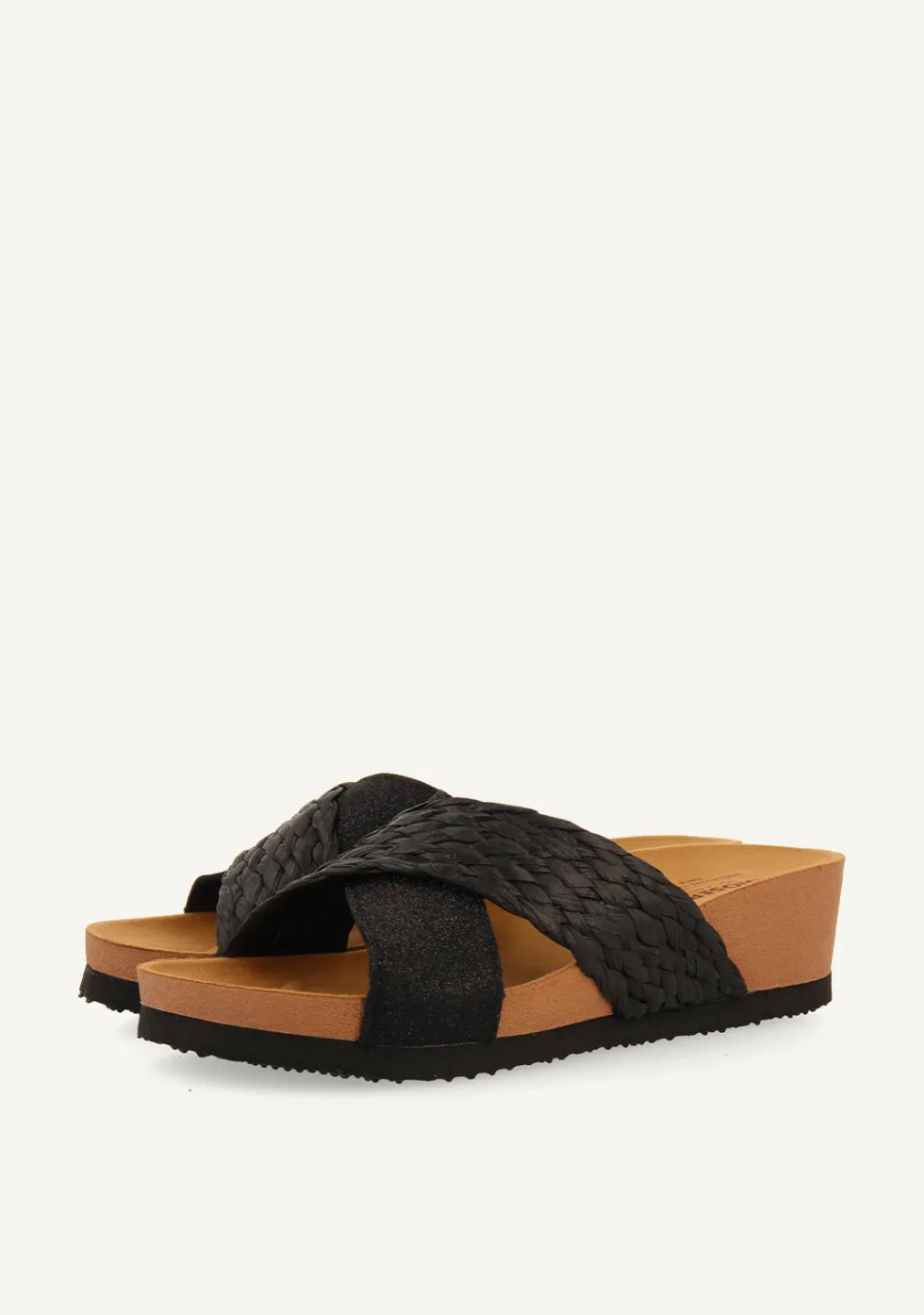 SANDALIAS CON CUÑA TIPO BIO Y TIRAS NEGRAS PARA MUJER GOULDS